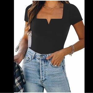 Short Sleeve Notch Neck Square Neck Thong Bodysuit Tops